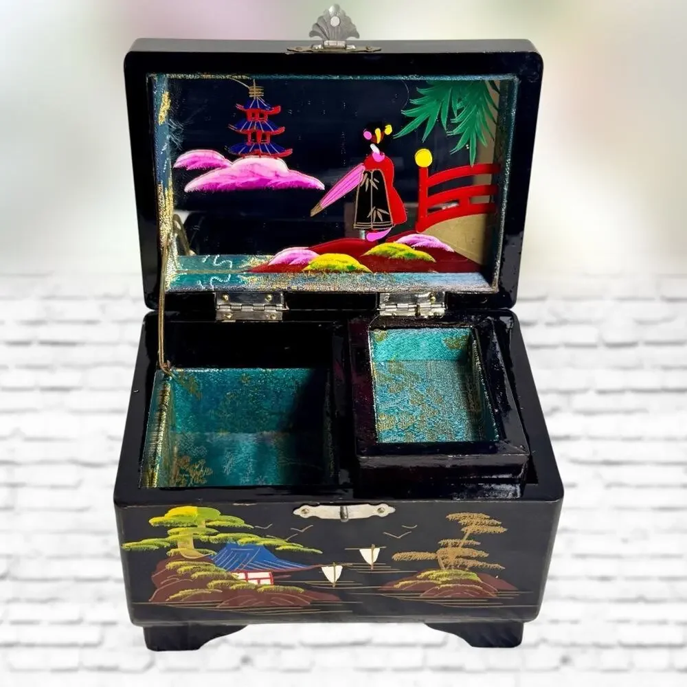 Vintage Japanese Music Box Wooden Lacquer Jewelry Abalone Inlay Trinket KK Japan